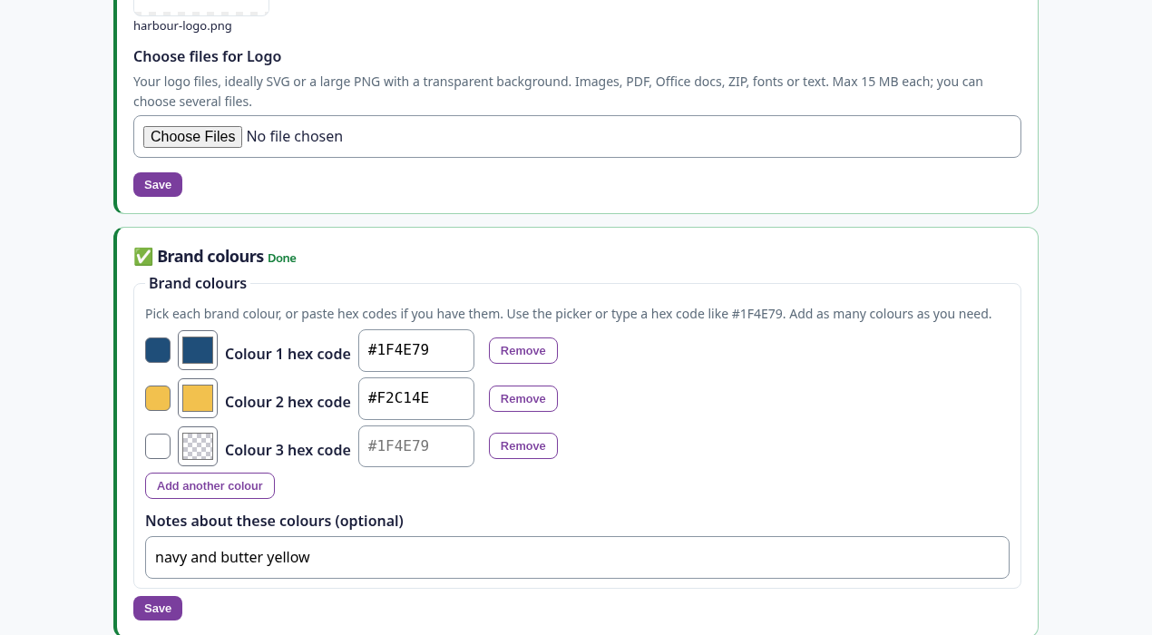 Client checklist for Harbour Bakery website: brand colours entered with colour pickers next to hex code fields #1F4E79 and #F2C14E, with an Add another colour button