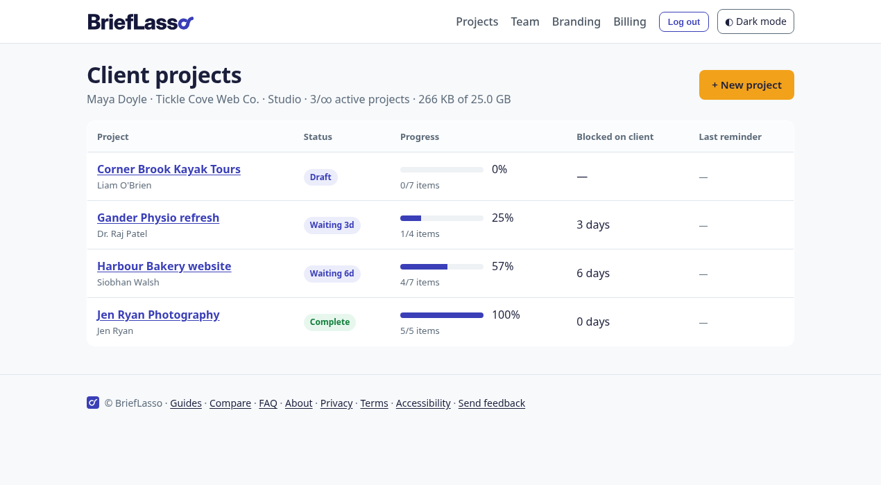Designer dashboard listing three client projects with progress bars, status and how many days each has been blocked