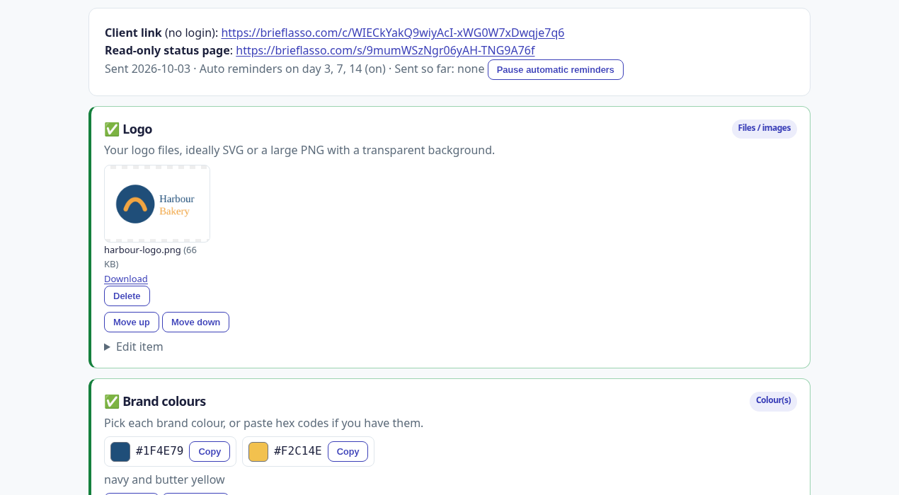 Designer view of the Harbour Bakery website project: the uploaded logo shown as a thumbnail and the brand colours shown as swatches with hex codes #1F4E79 and #F2C14E and copy buttons
